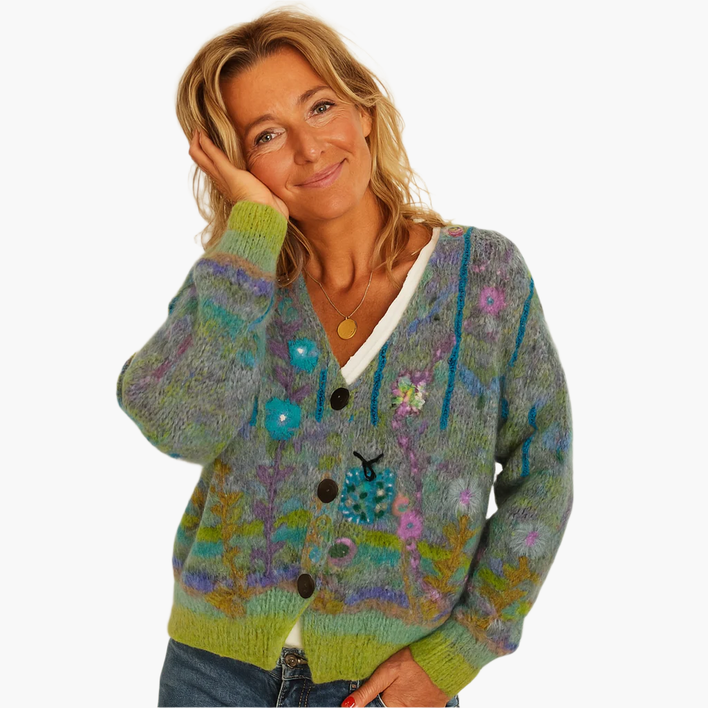 Women's Boho Artistic Floral Knit Cardigan Sweater - Cozy Loose Fit Statement Layer