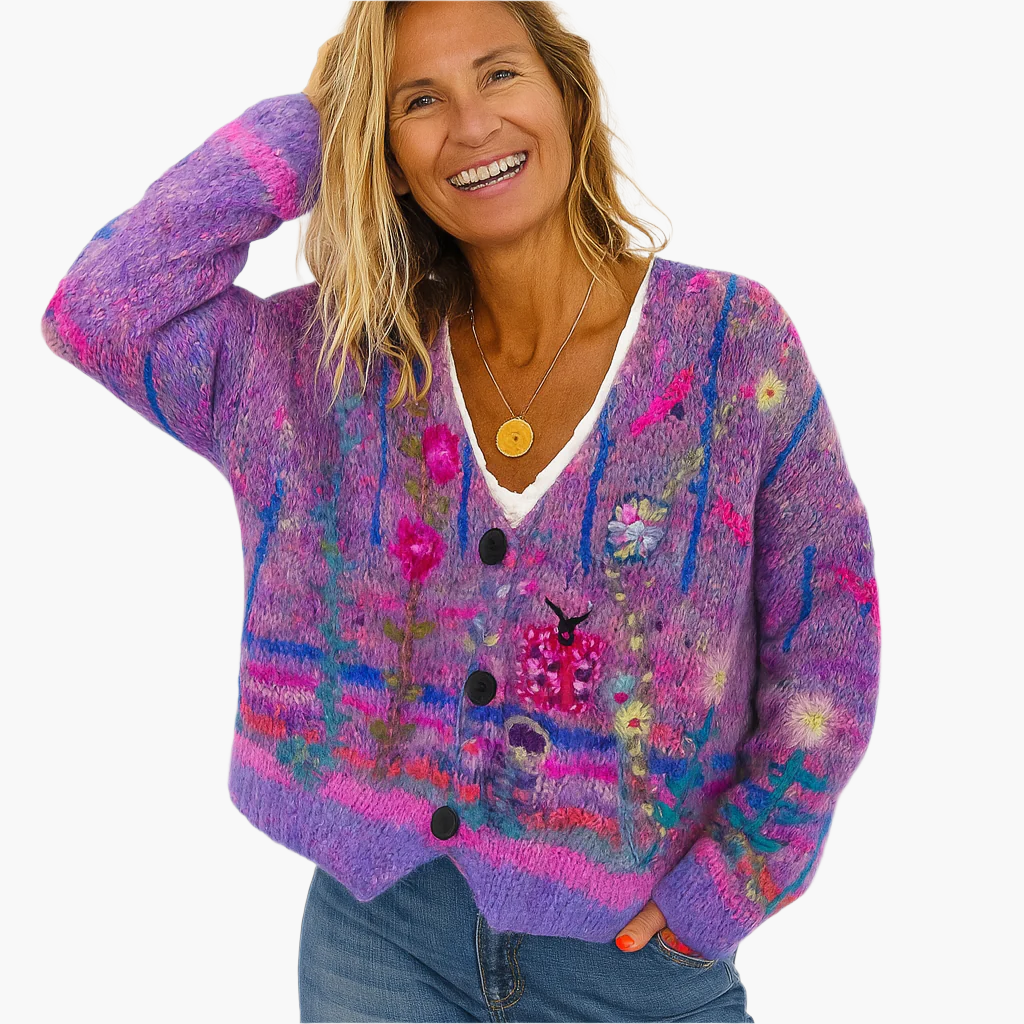 Women's Boho Artistic Floral Knit Cardigan Sweater - Cozy Loose Fit Statement Layer