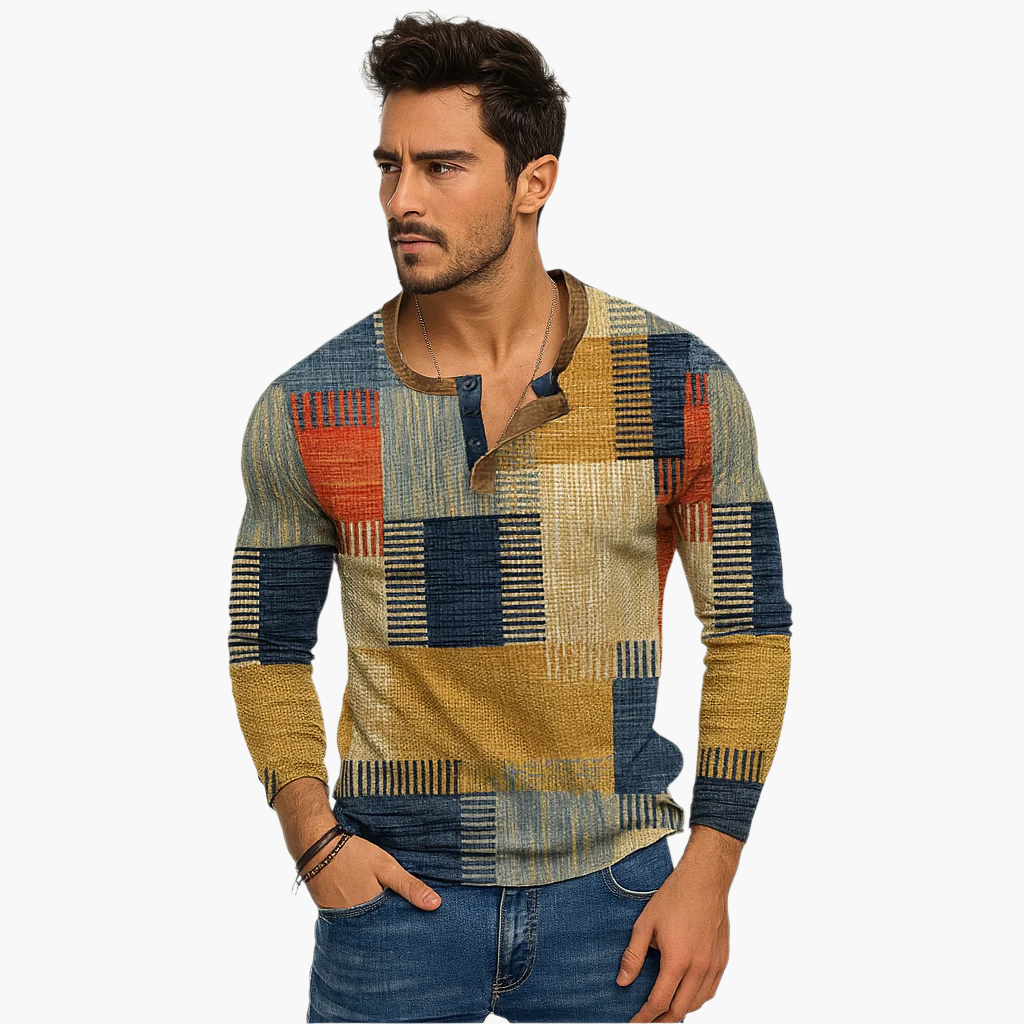 Men's Patchwork Henley Long Sleeve Shirt Casual Modern Style