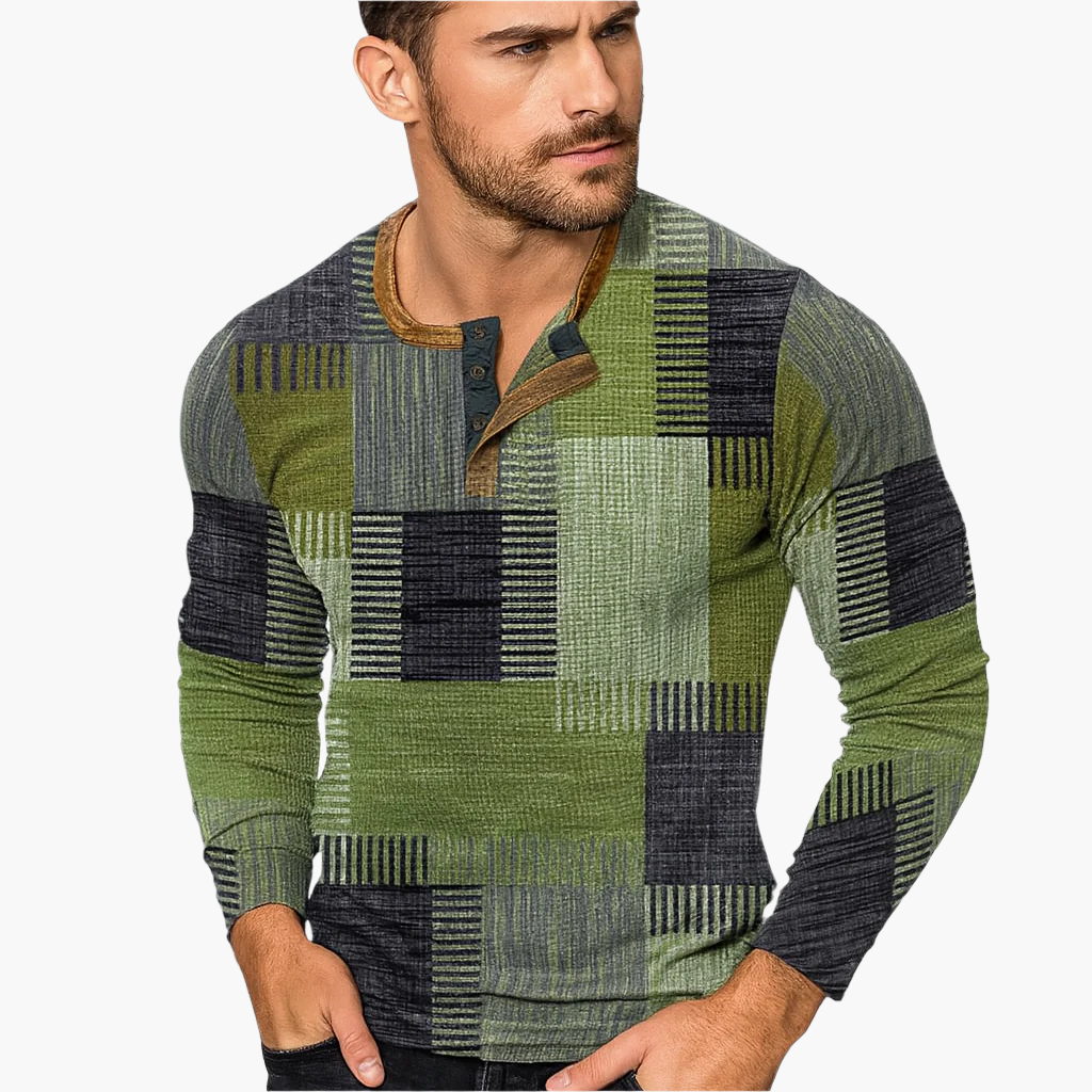 Men's Patchwork Henley Long Sleeve Shirt Casual Modern Style