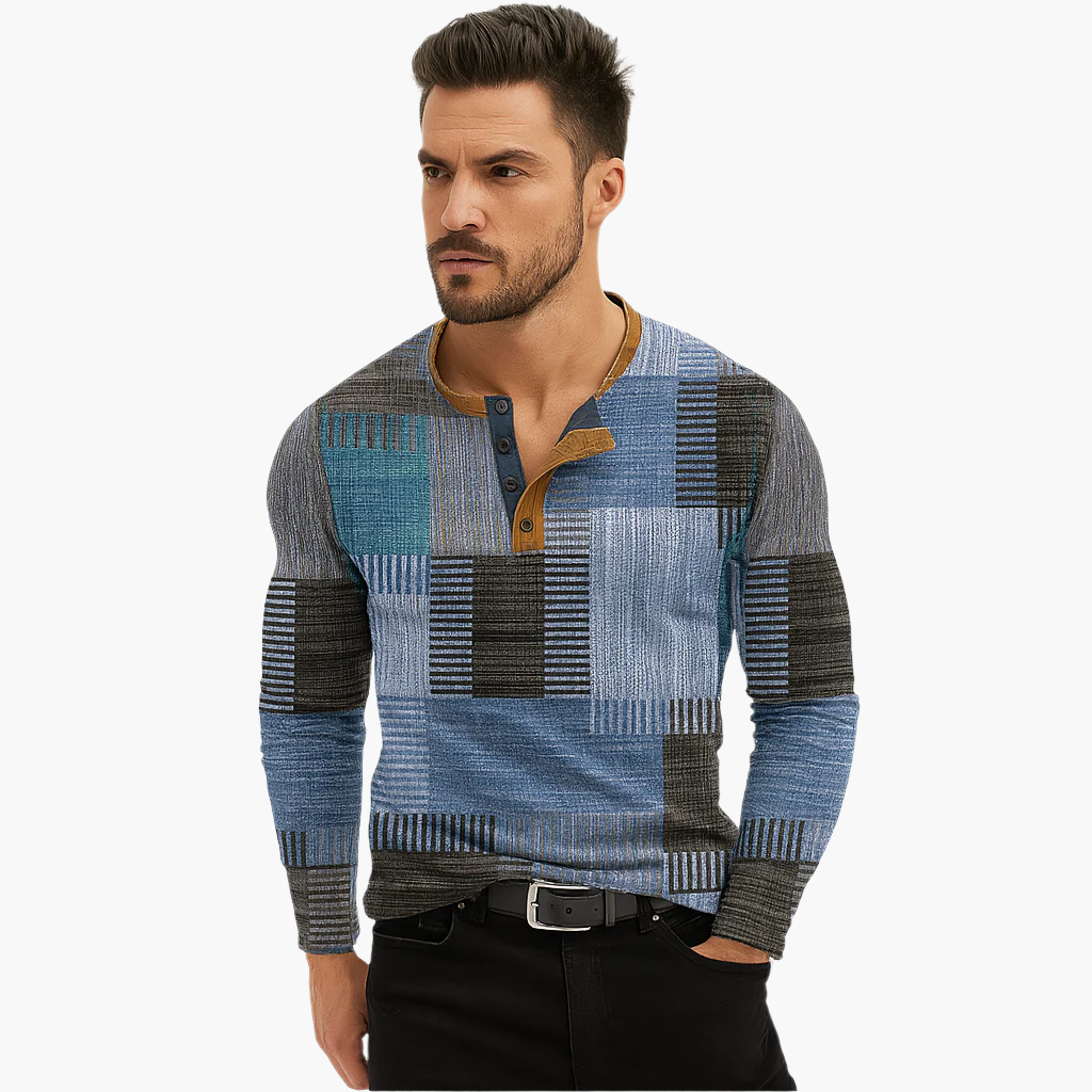 Men's Patchwork Henley Long Sleeve Shirt Casual Modern Style