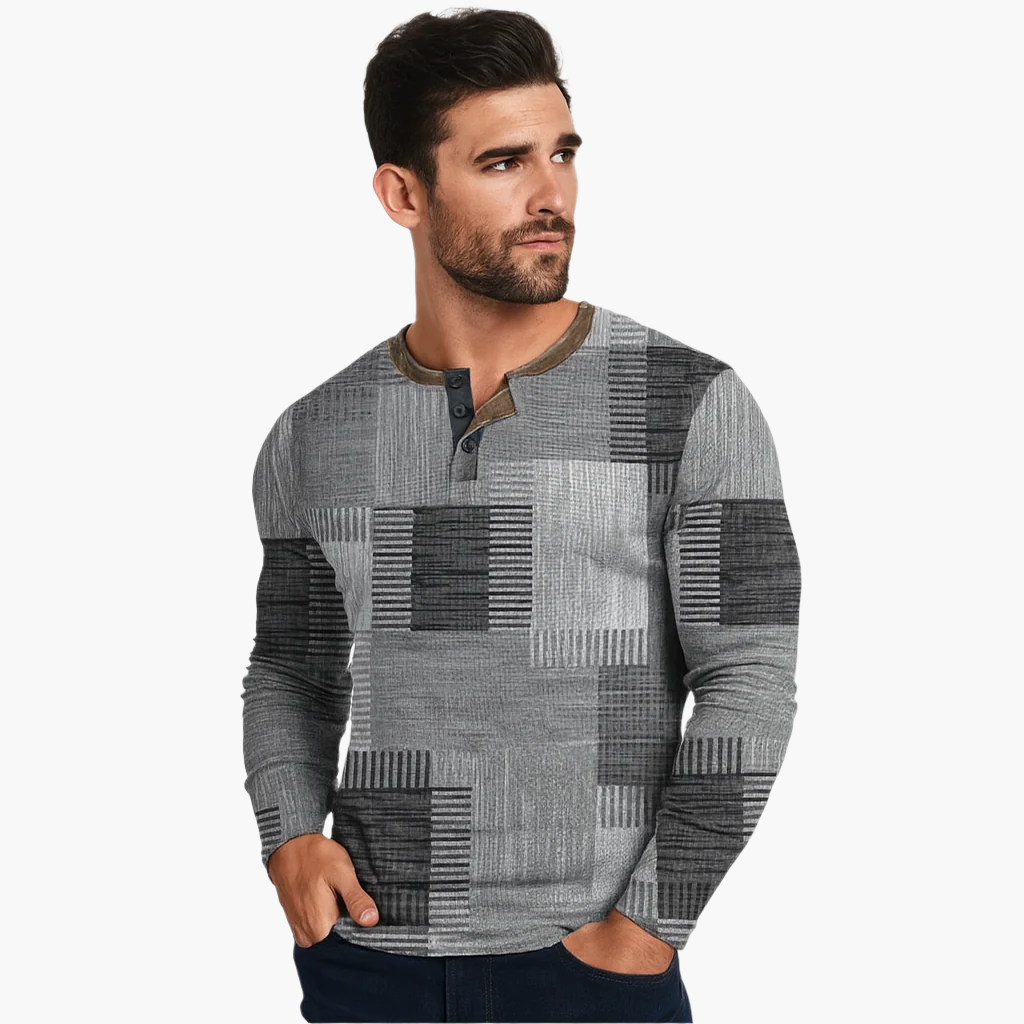 Men's Patchwork Henley Long Sleeve Shirt Casual Modern Style