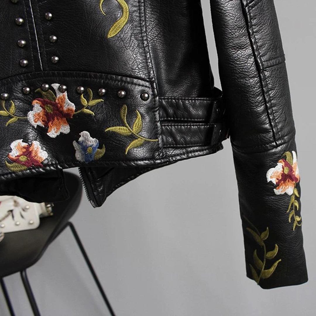 Women's Floral Embroidered Biker Jacket - Fashion Statement for Everyday and Special Occasions