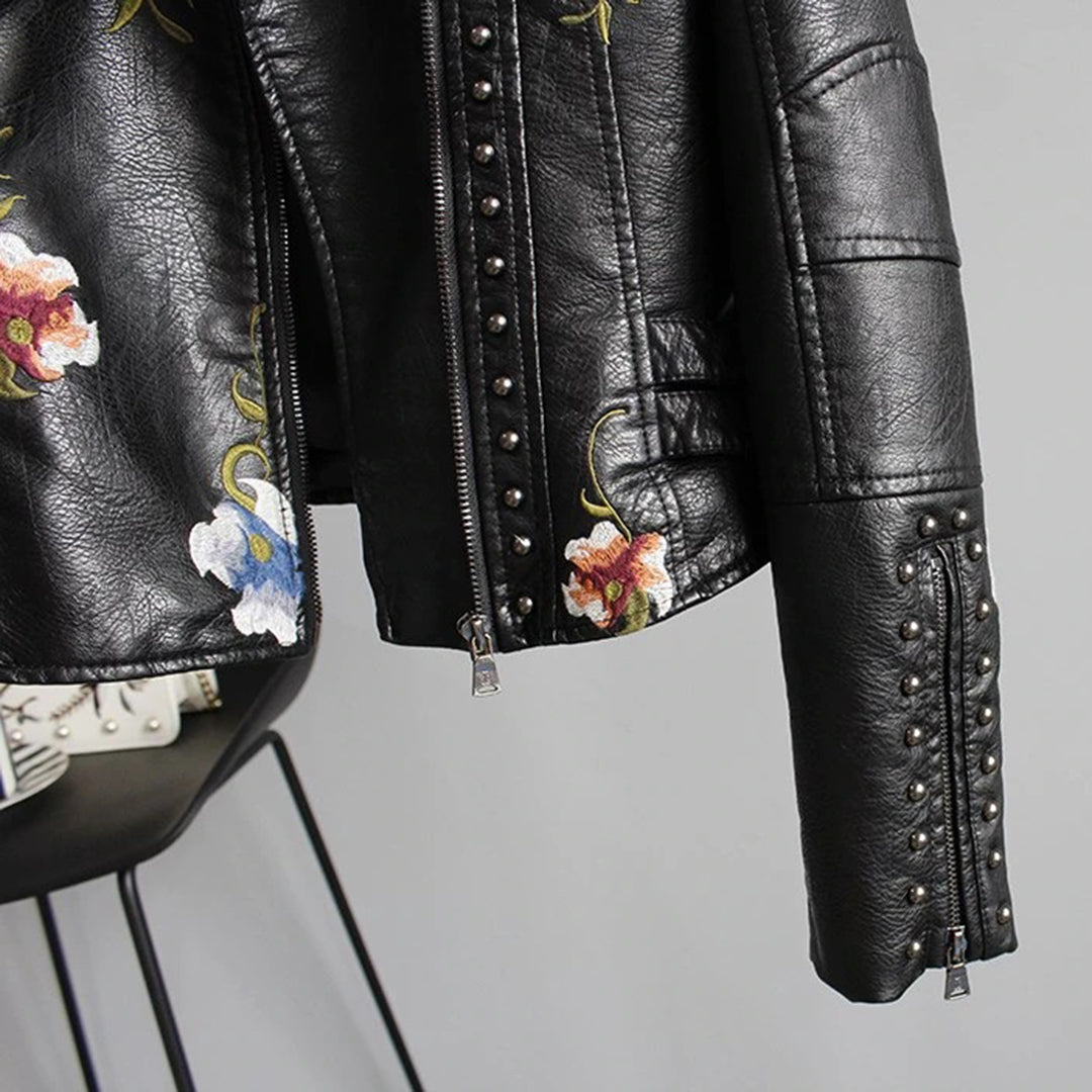 Women's Floral Embroidered Biker Jacket - Fashion Statement for Everyday and Special Occasions