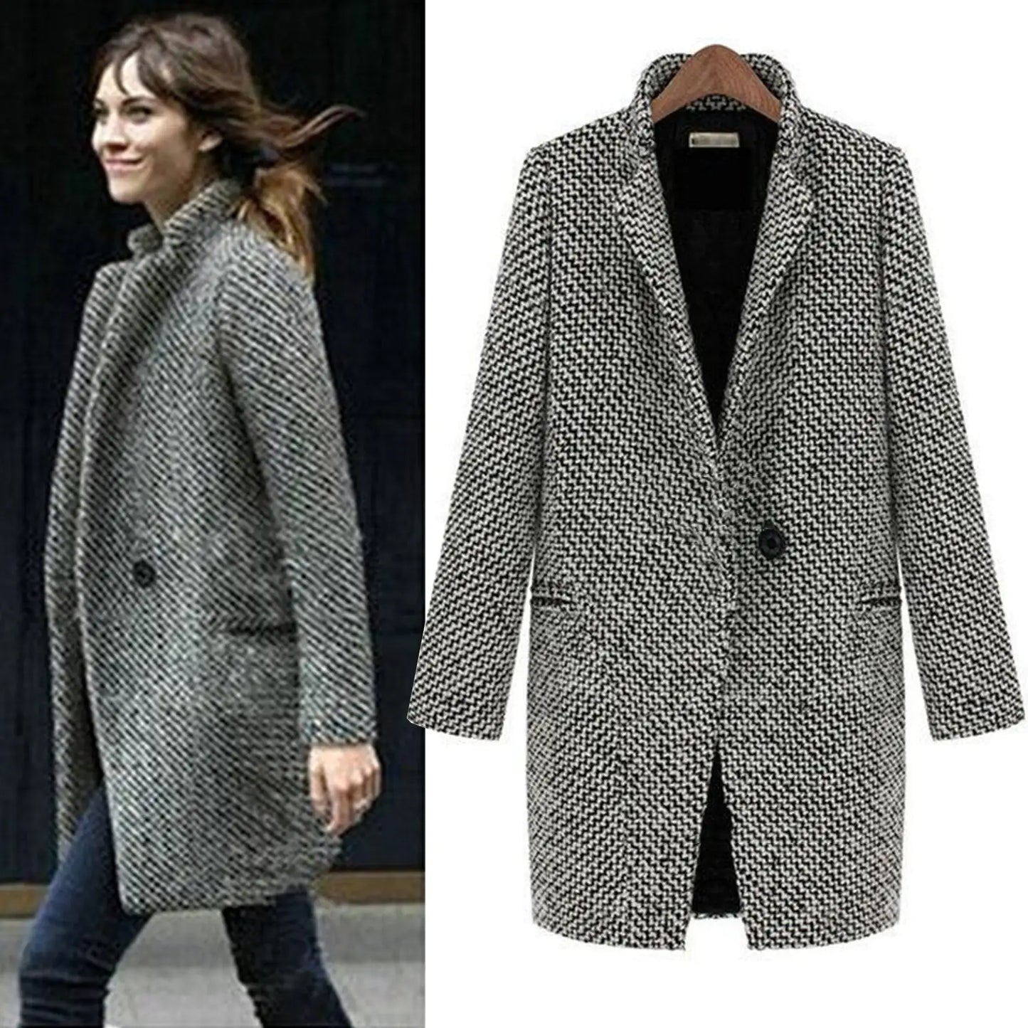 Women's Classic Houndstooth Blazer Coat – Elegant Longline Jacket for Office & Everyday Style