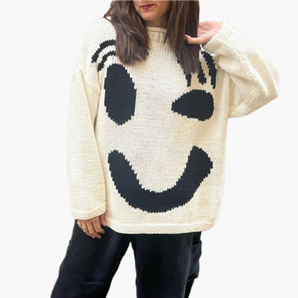 Women's Playful Abstract Face Knit Sweater - Feel-Good Statement Casual Pullover