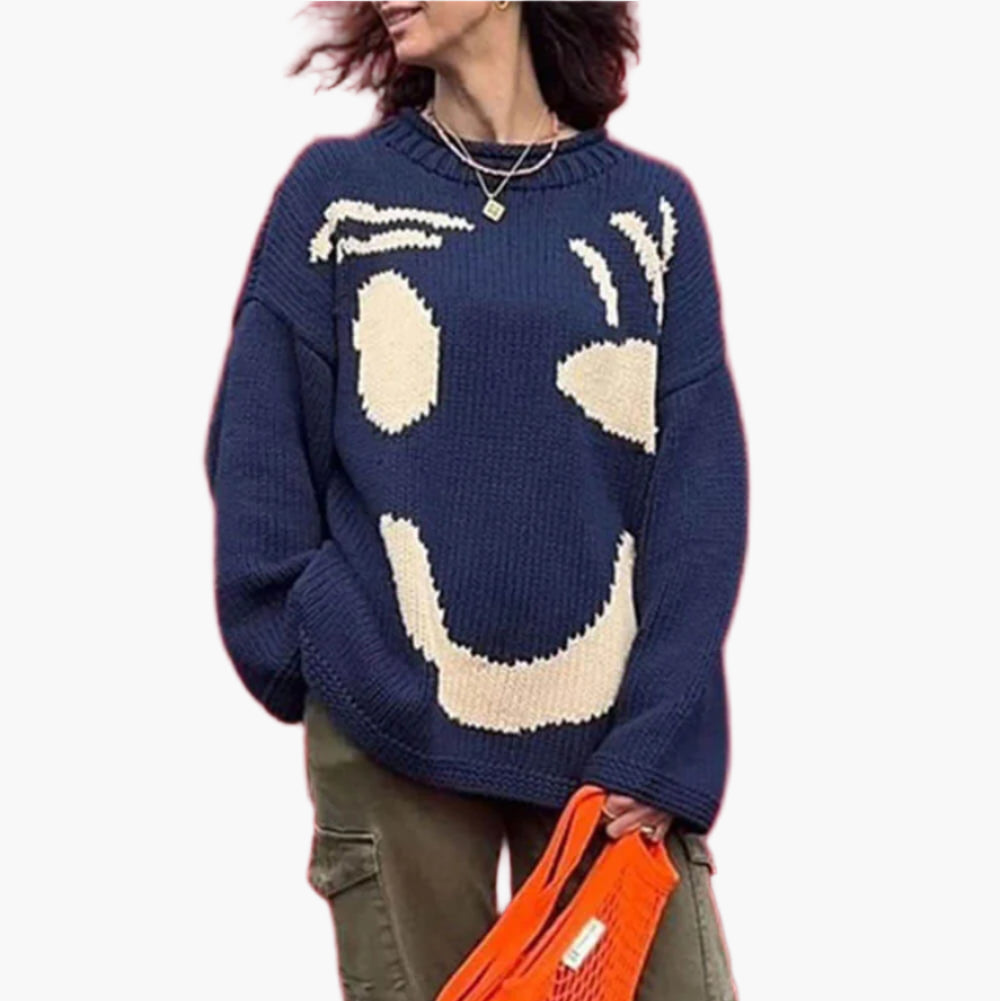 Women's Playful Abstract Face Knit Sweater - Feel-Good Statement Casual Pullover