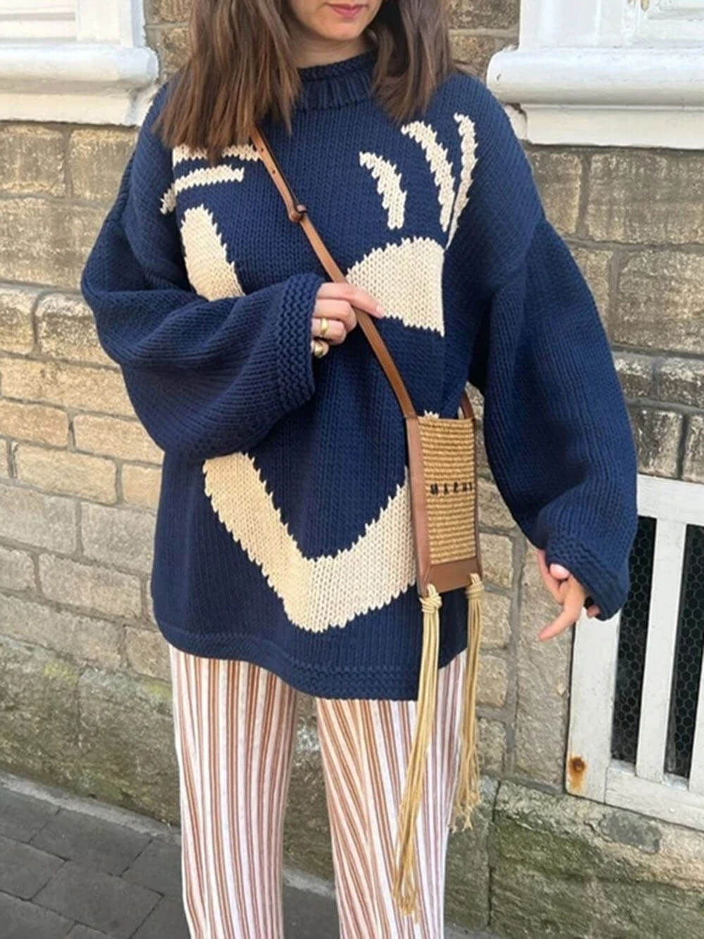 Women's Playful Abstract Face Knit Sweater - Feel-Good Statement Casual Pullover