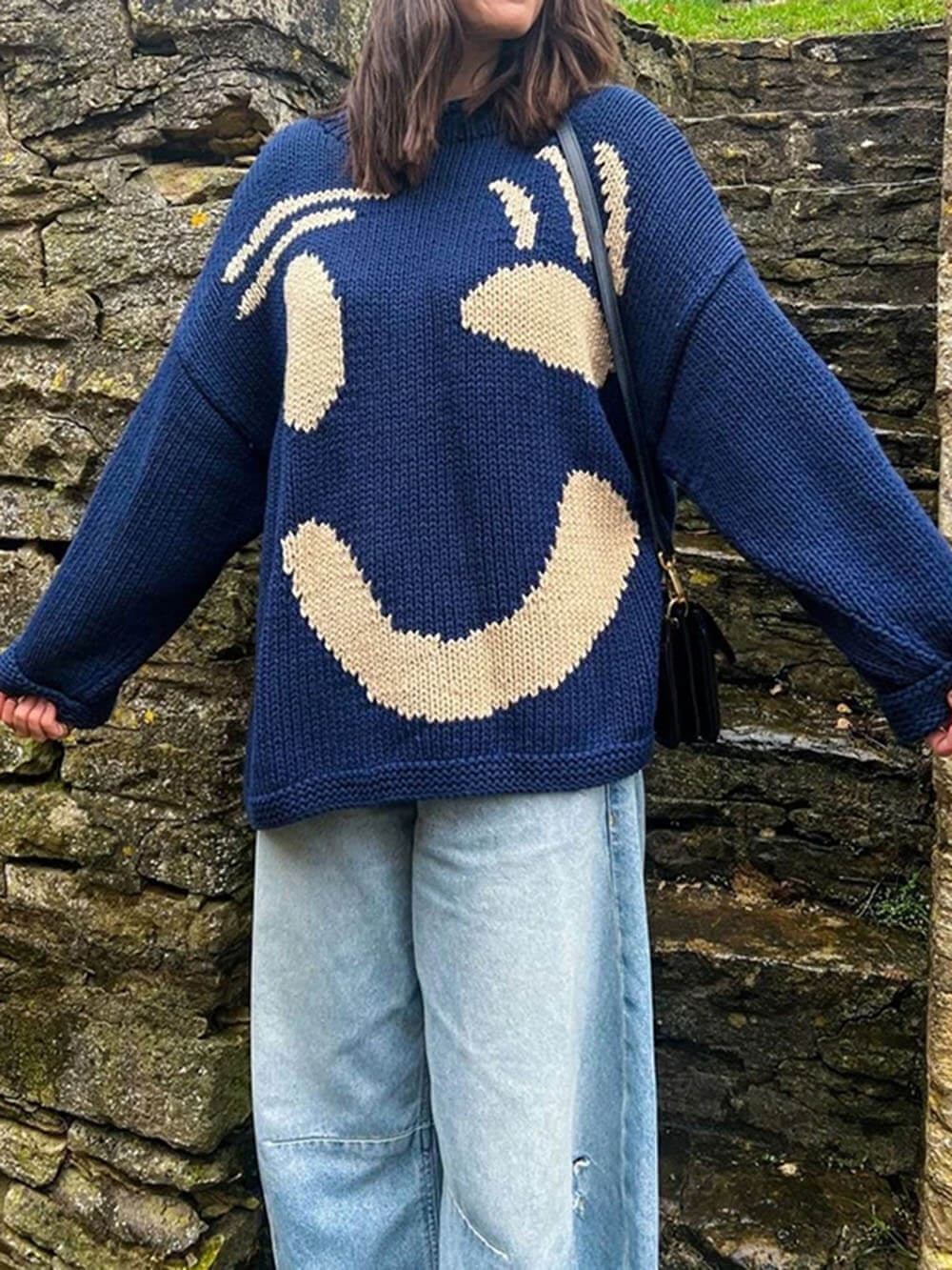 Women's Playful Abstract Face Knit Sweater - Feel-Good Statement Casual Pullover