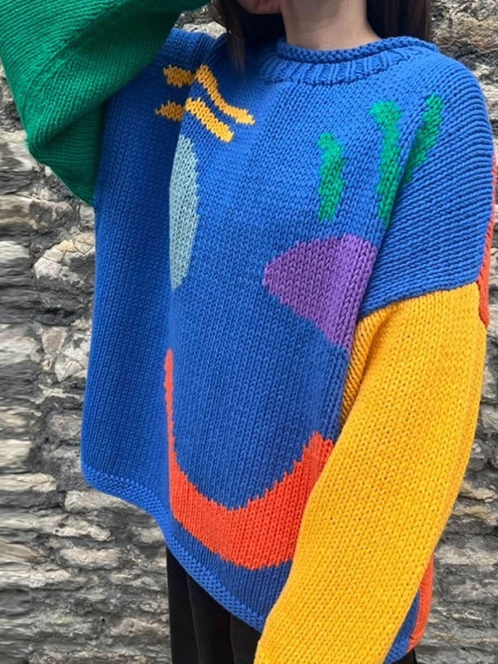 Women's Playful Abstract Face Knit Sweater - Feel-Good Statement Casual Pullover