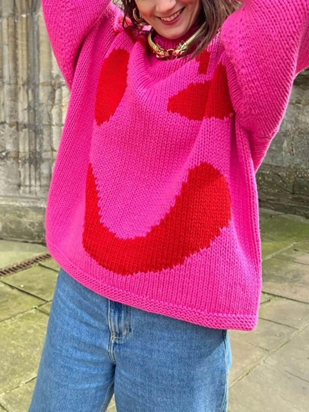 Women's Playful Abstract Face Knit Sweater - Feel-Good Statement Casual Pullover
