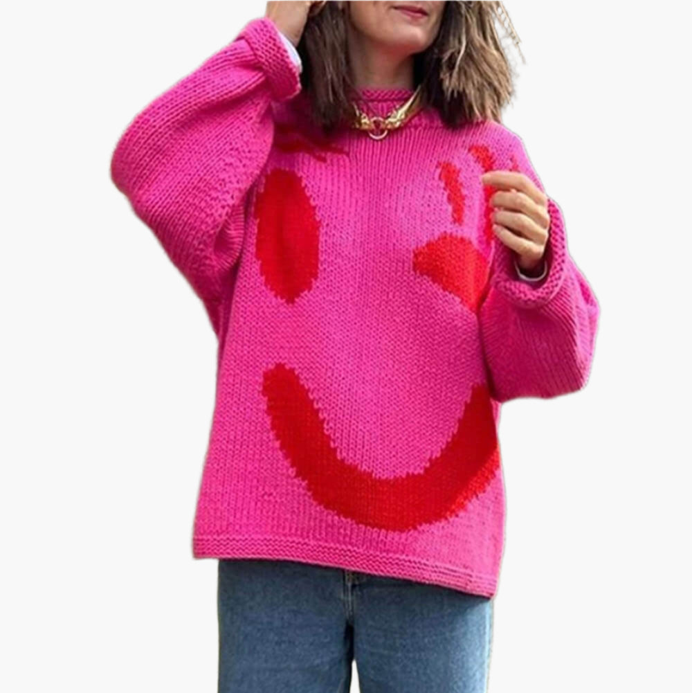 Women's Playful Abstract Face Knit Sweater - Feel-Good Statement Casual Pullover