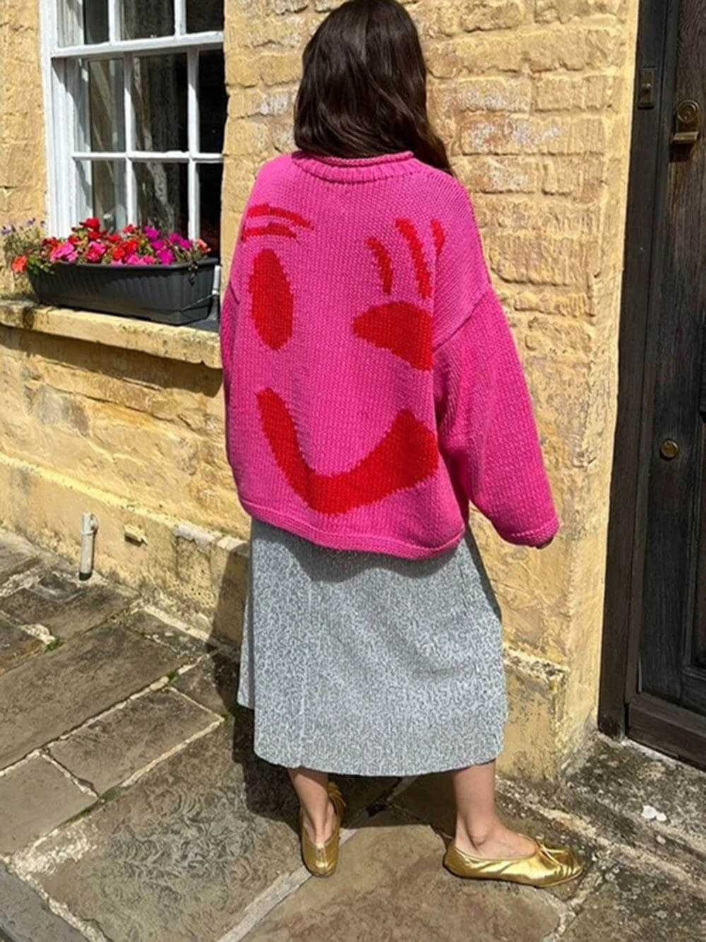 Women's Playful Abstract Face Knit Sweater - Feel-Good Statement Casual Pullover