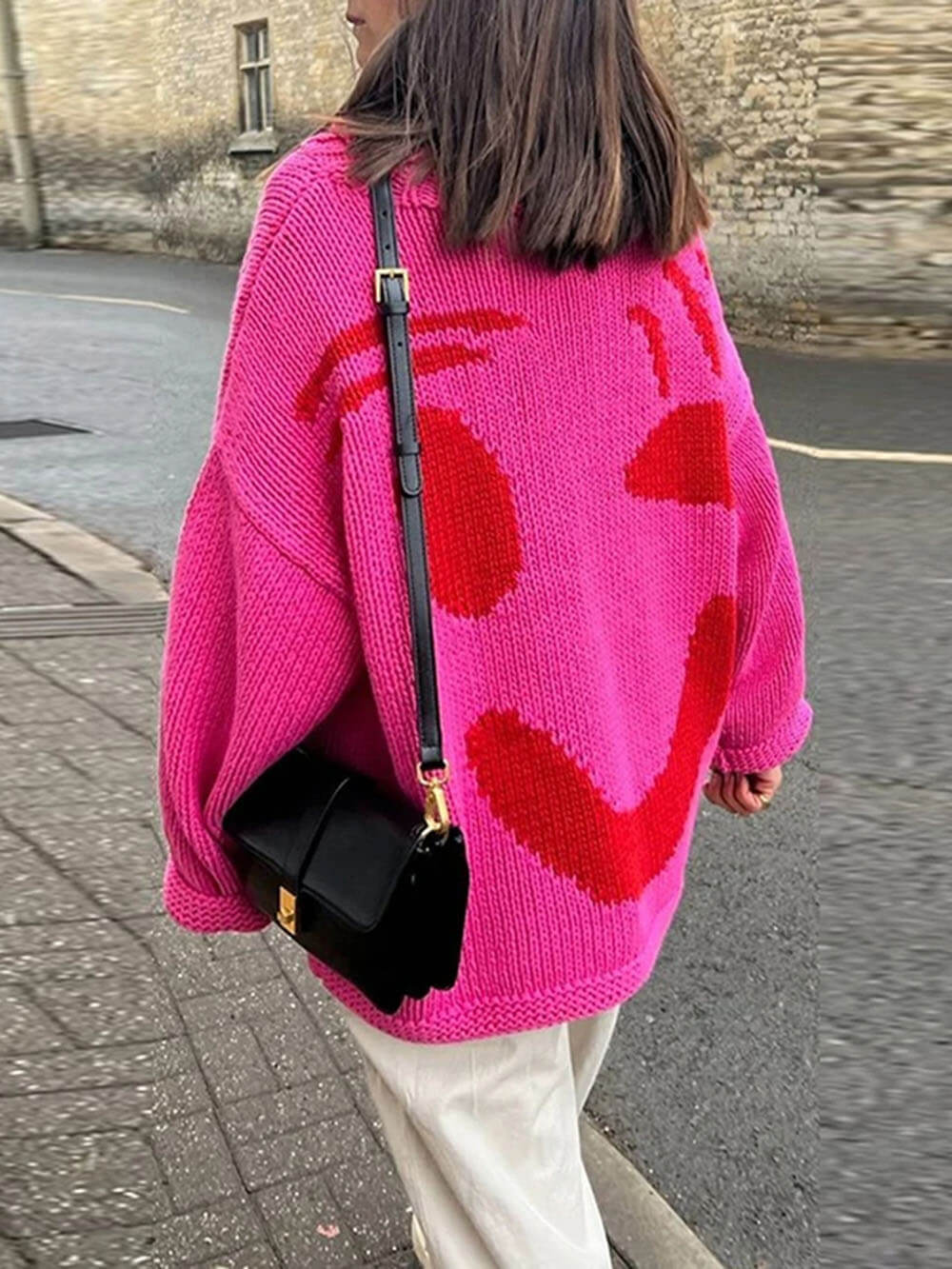 Women's Playful Abstract Face Knit Sweater - Feel-Good Statement Casual Pullover