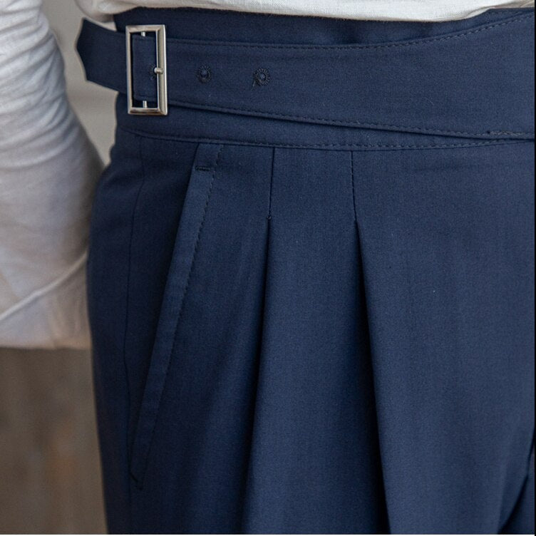 Men's High-Waisted Pleated Formal Trousers with Adjustable Side Buckle - Tailored Business and Occasion Pants