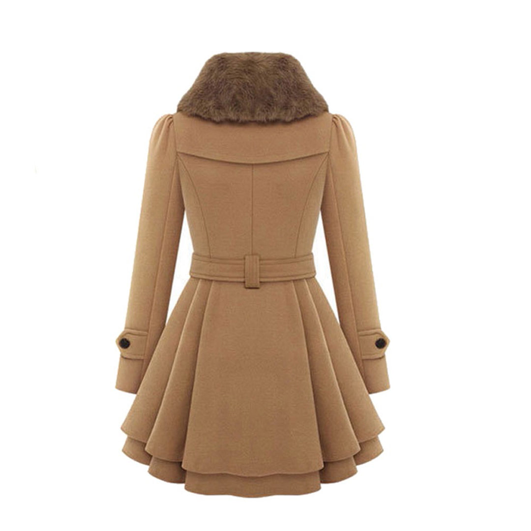 Women's Elegant Winter Coat with Faux Fur Collar, Double-Breasted, Belted, Flared Hem – Fashionable Outerwear for Cold Weather