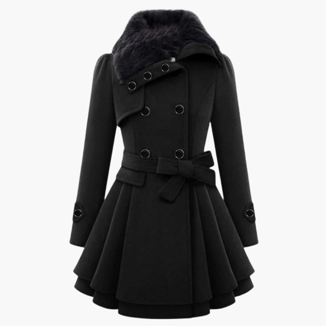 Women's Elegant Winter Coat with Faux Fur Collar, Double-Breasted, Belted, Flared Hem – Fashionable Outerwear for Cold Weather