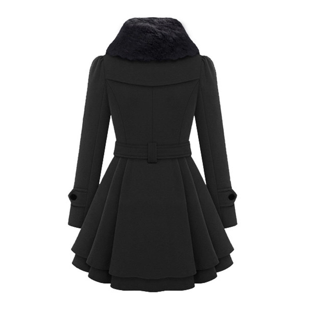 Women's Elegant Winter Coat with Faux Fur Collar, Double-Breasted, Belted, Flared Hem – Fashionable Outerwear for Cold Weather