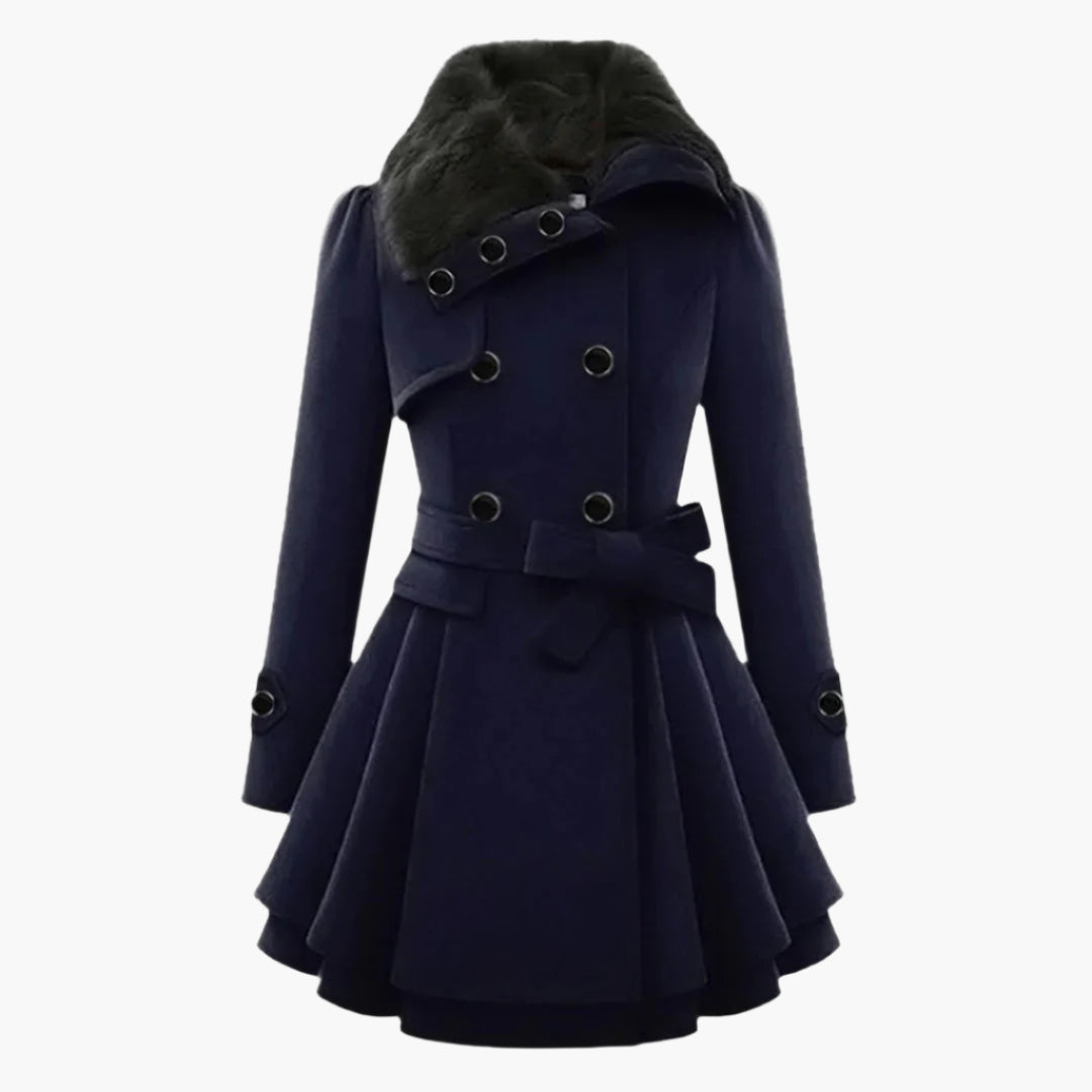 Women's Elegant Winter Coat with Faux Fur Collar, Double-Breasted, Belted, Flared Hem – Fashionable Outerwear for Cold Weather