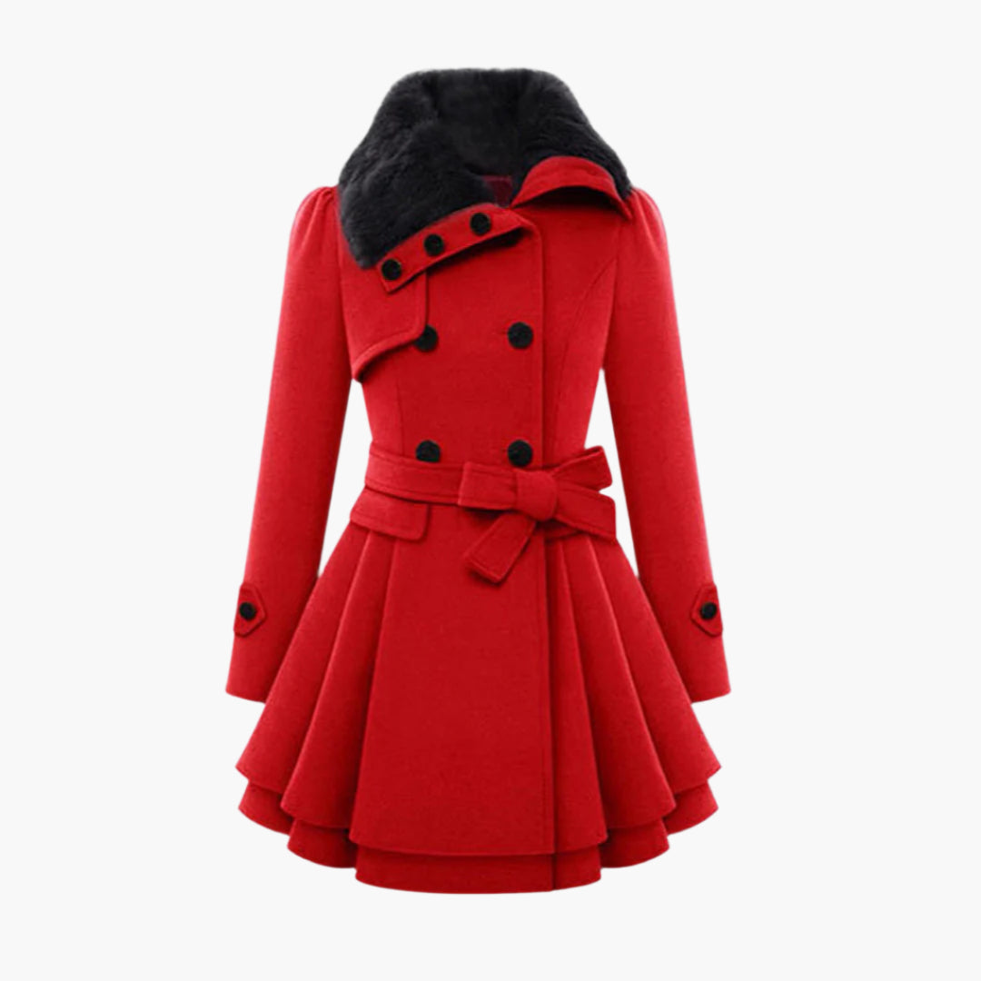 Women's Elegant Winter Coat with Faux Fur Collar, Double-Breasted, Belted, Flared Hem – Fashionable Outerwear for Cold Weather