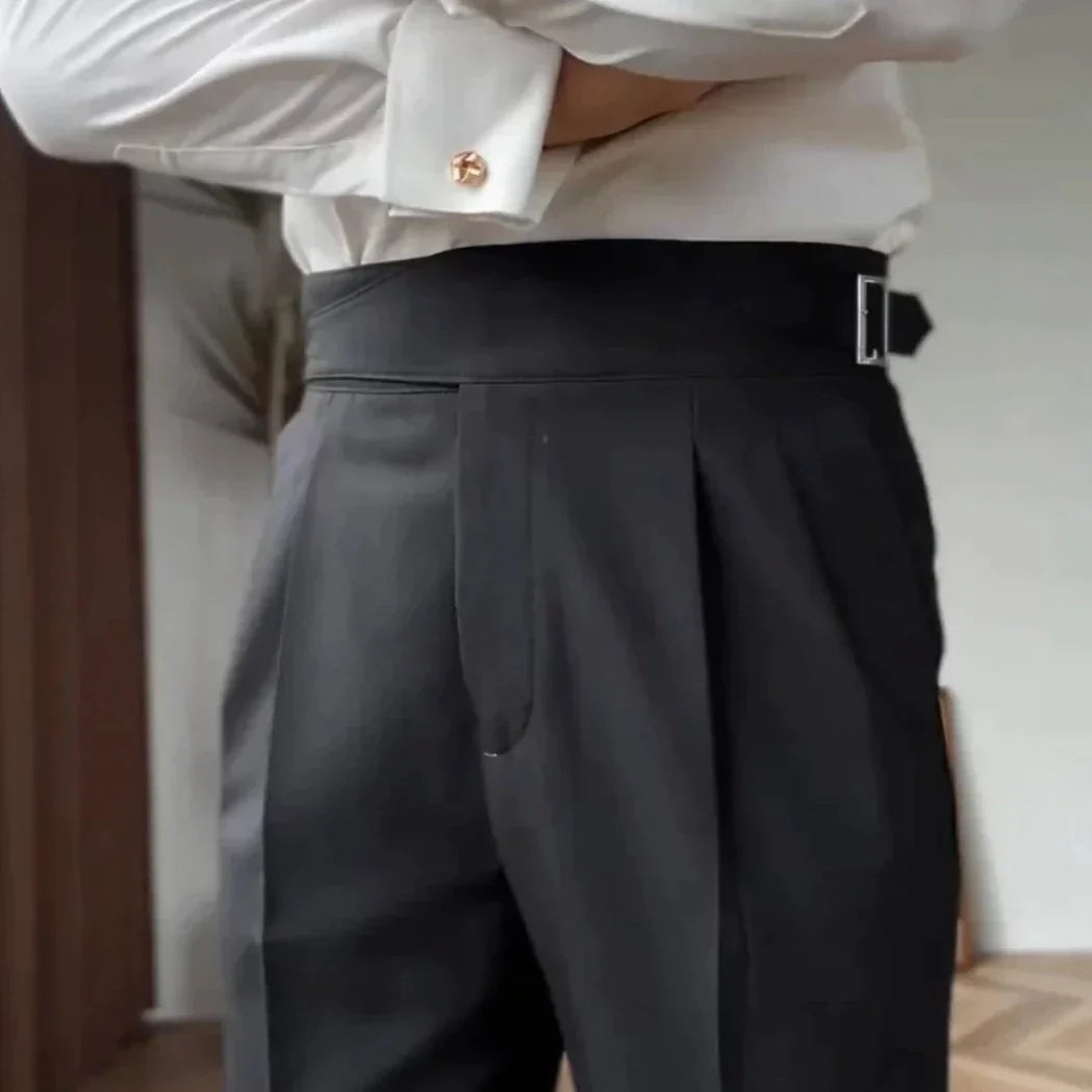 Men's High-Waisted Pleated Formal Trousers with Adjustable Side Buckle - Tailored Business and Occasion Pants