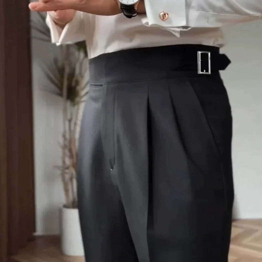 Men's High-Waisted Pleated Formal Trousers with Adjustable Side Buckle - Tailored Business and Occasion Pants