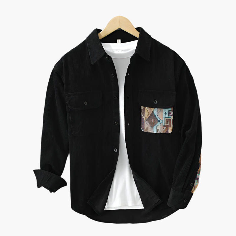 Men's Vintage Casual Overshirt with Patterned Chest Pocket – Urban Relaxed Fit