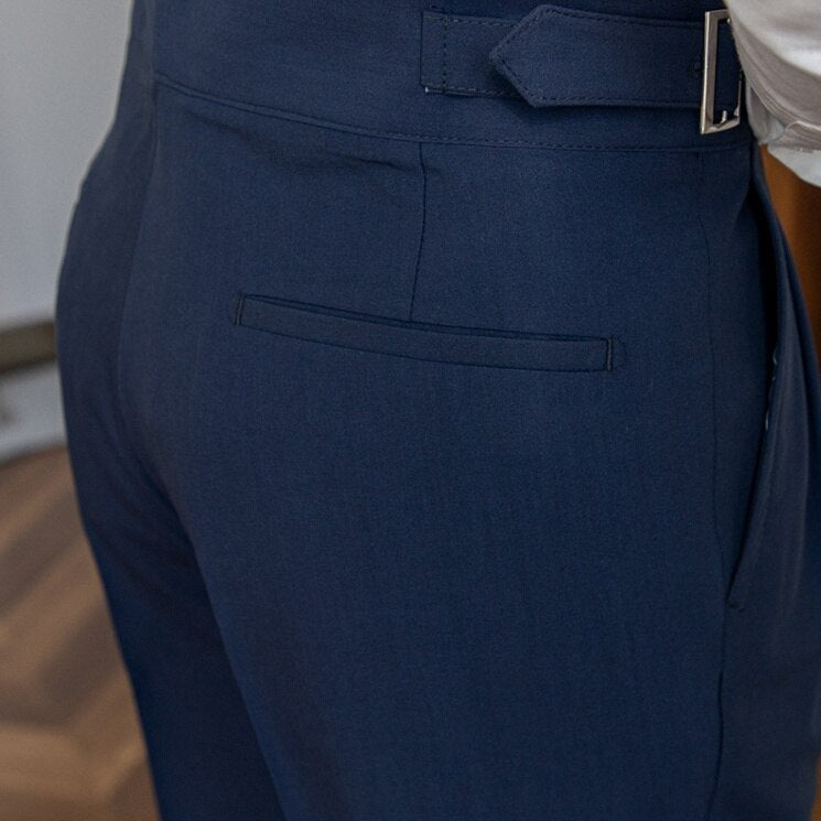 Men's High-Waisted Pleated Formal Trousers with Adjustable Side Buckle - Tailored Business and Occasion Pants