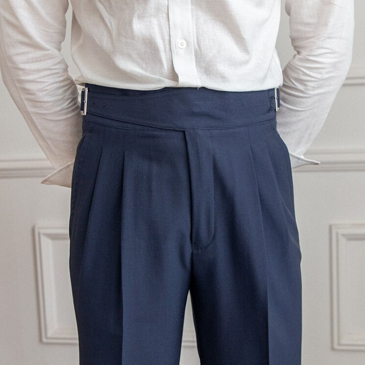 Men's High-Waisted Pleated Formal Trousers with Adjustable Side Buckle - Tailored Business and Occasion Pants