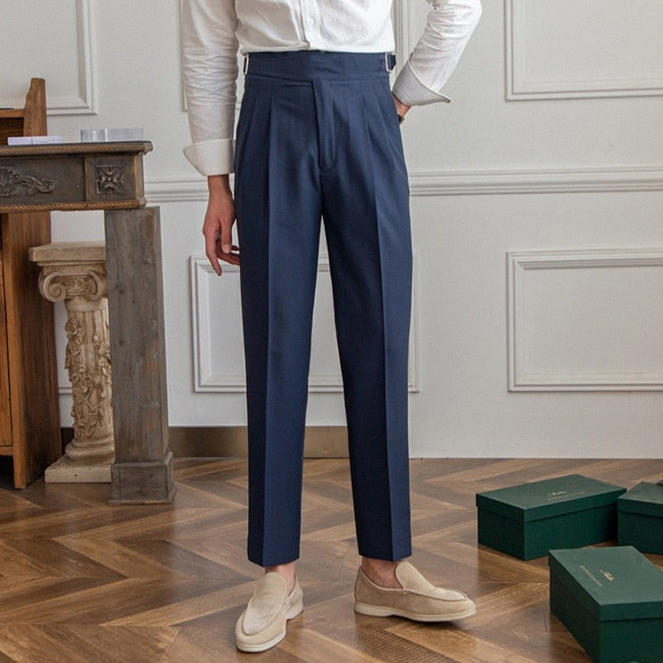 Men's High-Waisted Pleated Formal Trousers with Adjustable Side Buckle - Tailored Business and Occasion Pants
