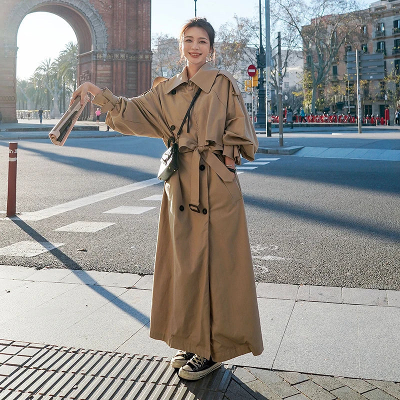 Women's Oversized Long Trench Coat Double-Breasted Urban Style