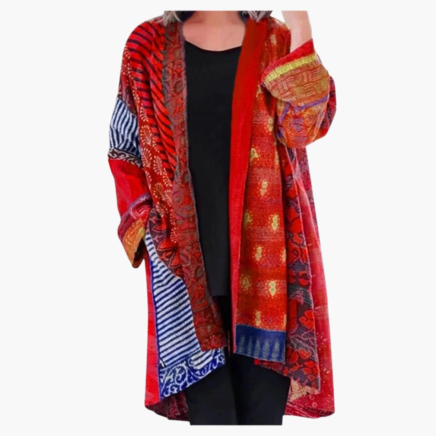 Women's Vintage Boho Kimono Cardigan – Loose Fit Patchwork Open Front Jacket