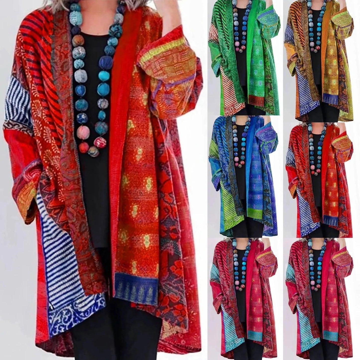 Women's Vintage Boho Kimono Cardigan – Loose Fit Patchwork Open Front Jacket
