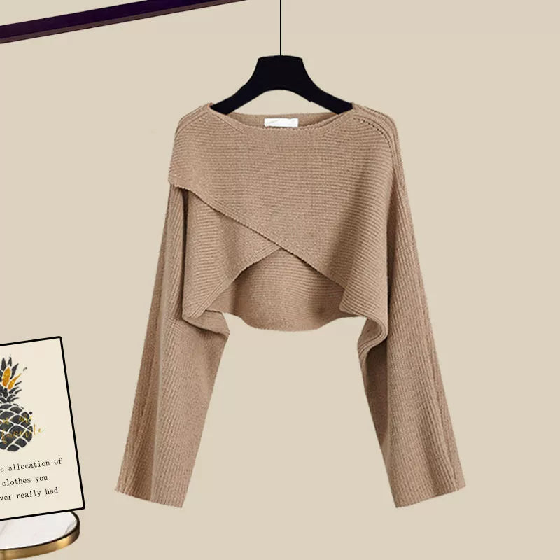 Women's 3-Piece Casual Office Layered Outfit Set – Relaxed Trousers, White Shirt & Asymmetric Knit Top