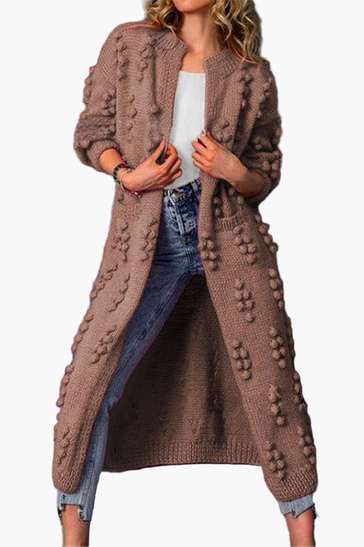 Women's Long Open Front Boho Cardigan with 3D Knit Pattern and Pockets – Casual Chic Layer for Everyday and Office