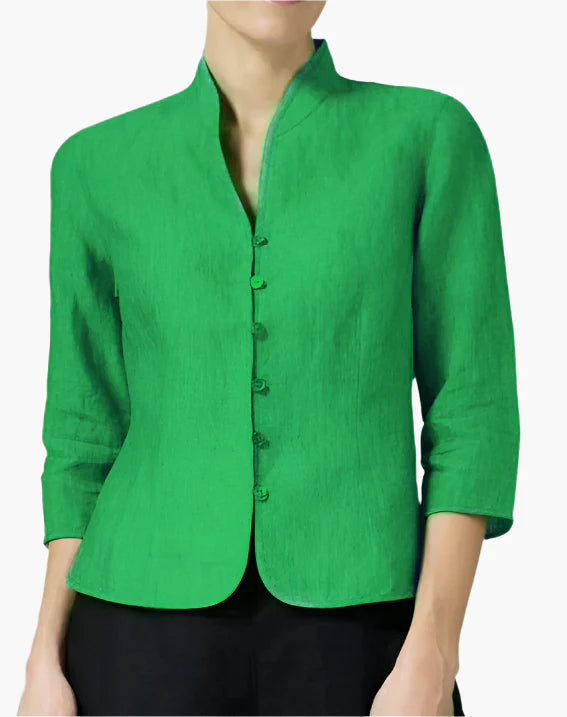 Women's Modern Mandarin Collar Blazer – Elegant 3/4 Sleeve Fitted Jacket for Business and Special Occasions
