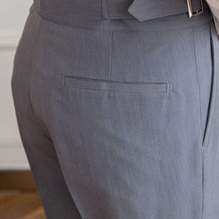 Men's High-Waisted Pleated Formal Trousers with Adjustable Side Buckle - Tailored Business and Occasion Pants