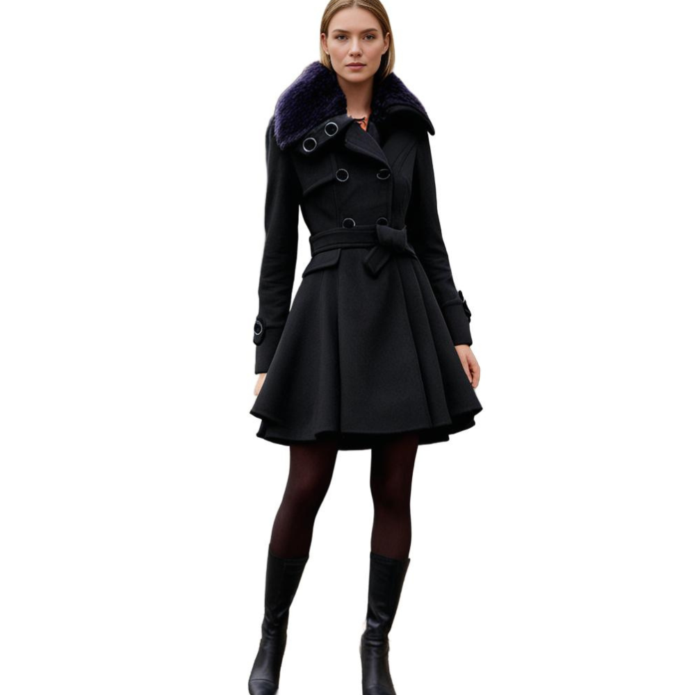 Women's Elegant Winter Coat with Faux Fur Collar, Double-Breasted, Belted, Flared Hem – Fashionable Outerwear for Cold Weather