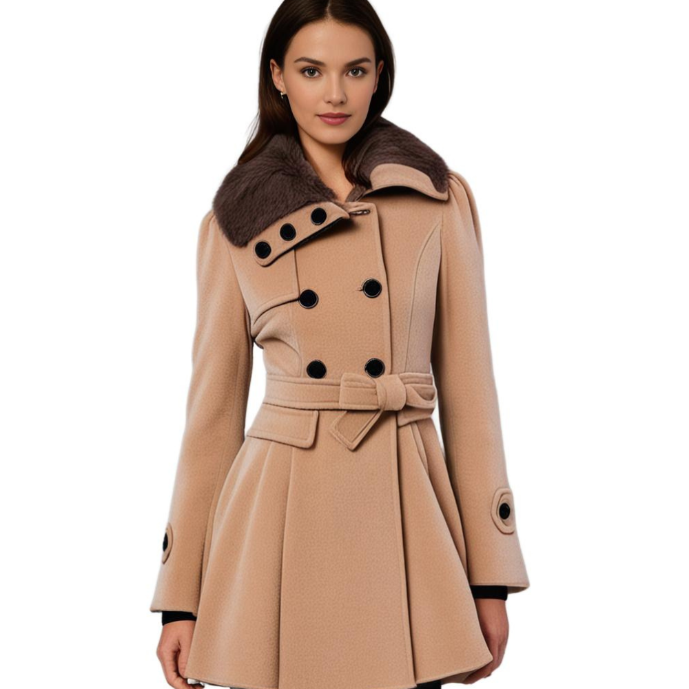 Women's Elegant Winter Coat with Faux Fur Collar, Double-Breasted, Belted, Flared Hem – Fashionable Outerwear for Cold Weather