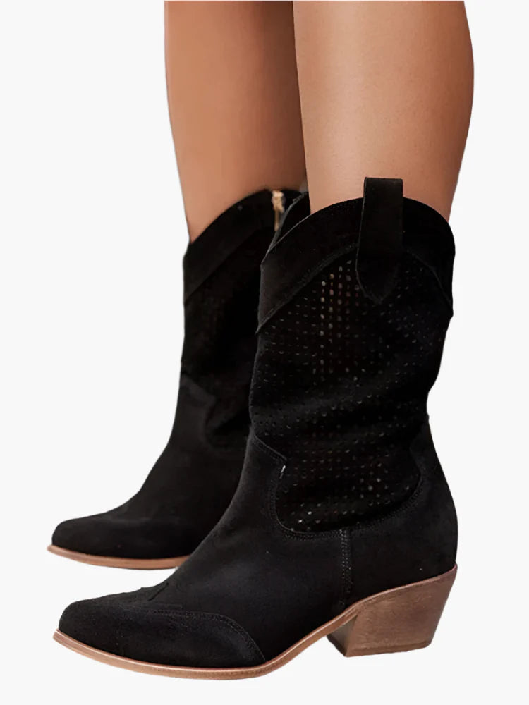 Women's Western Cowboy Boots with Zipper – Fashionable Perforated Style for Everyday and Festival
