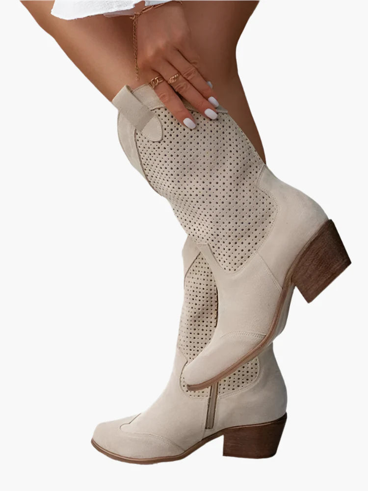 Women's Western Cowboy Boots with Zipper – Fashionable Perforated Style for Everyday and Festival