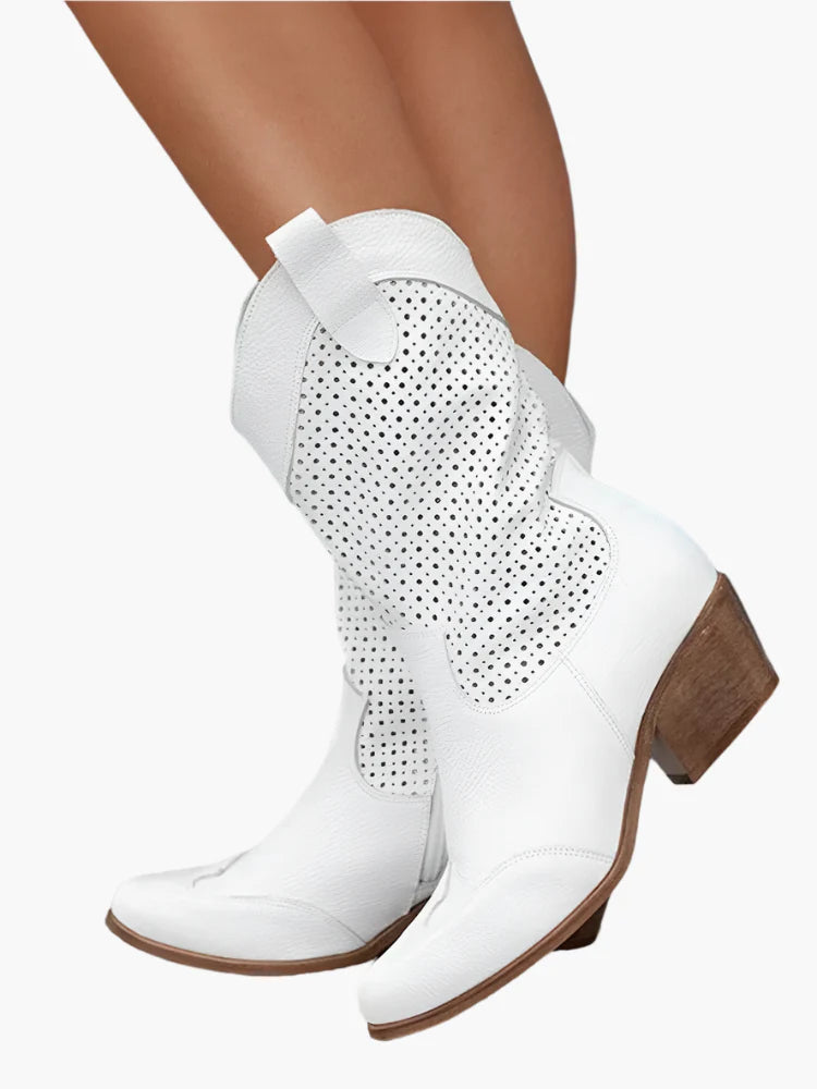 Women's Western Cowboy Boots with Zipper – Fashionable Perforated Style for Everyday and Festival