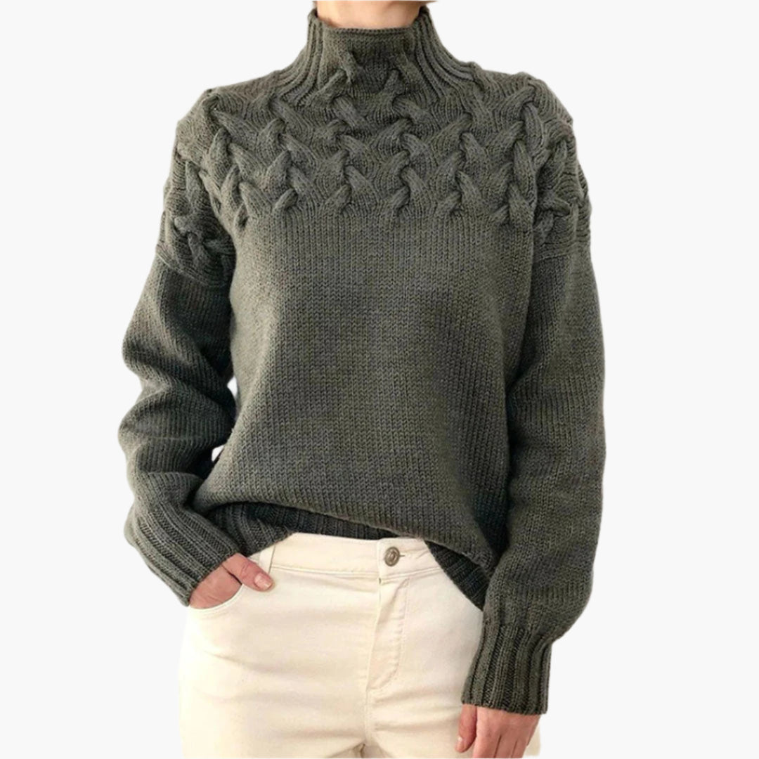 Women's Chunky Knit Turtleneck Sweater with Cable Pattern – Casual Winter Pullover