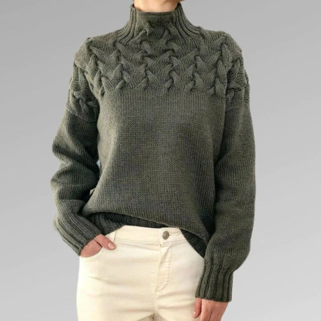 Women's Chunky Knit Turtleneck Sweater with Cable Pattern – Casual Winter Pullover