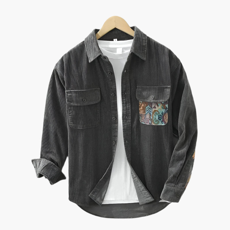 Men's Vintage Casual Overshirt with Patterned Chest Pocket – Urban Relaxed Fit