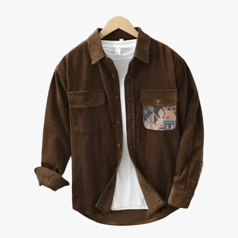 Men's Vintage Casual Overshirt with Patterned Chest Pocket – Urban Relaxed Fit