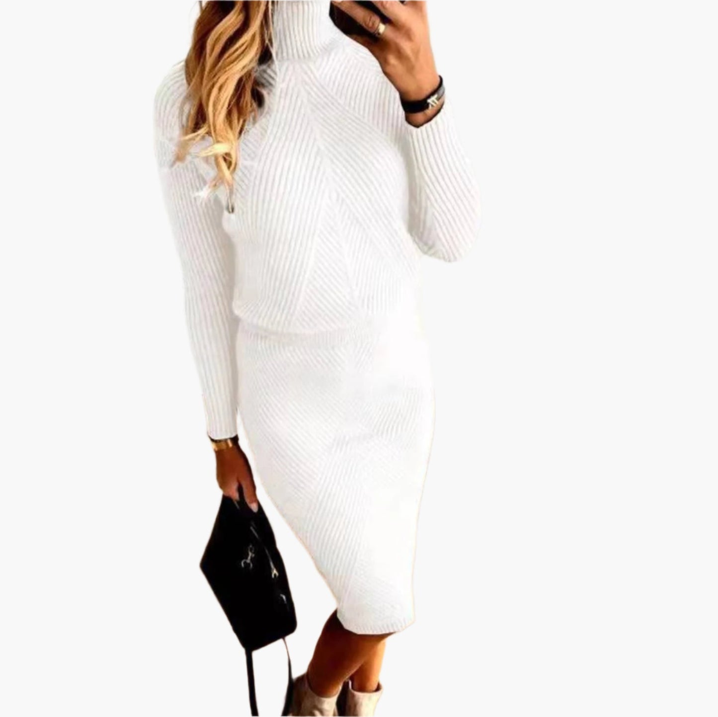 Women's Elegant Knit Sweater Two-Piece Set – Turtleneck Top and Slim Skirt – Stylish Fall Winter Outfit