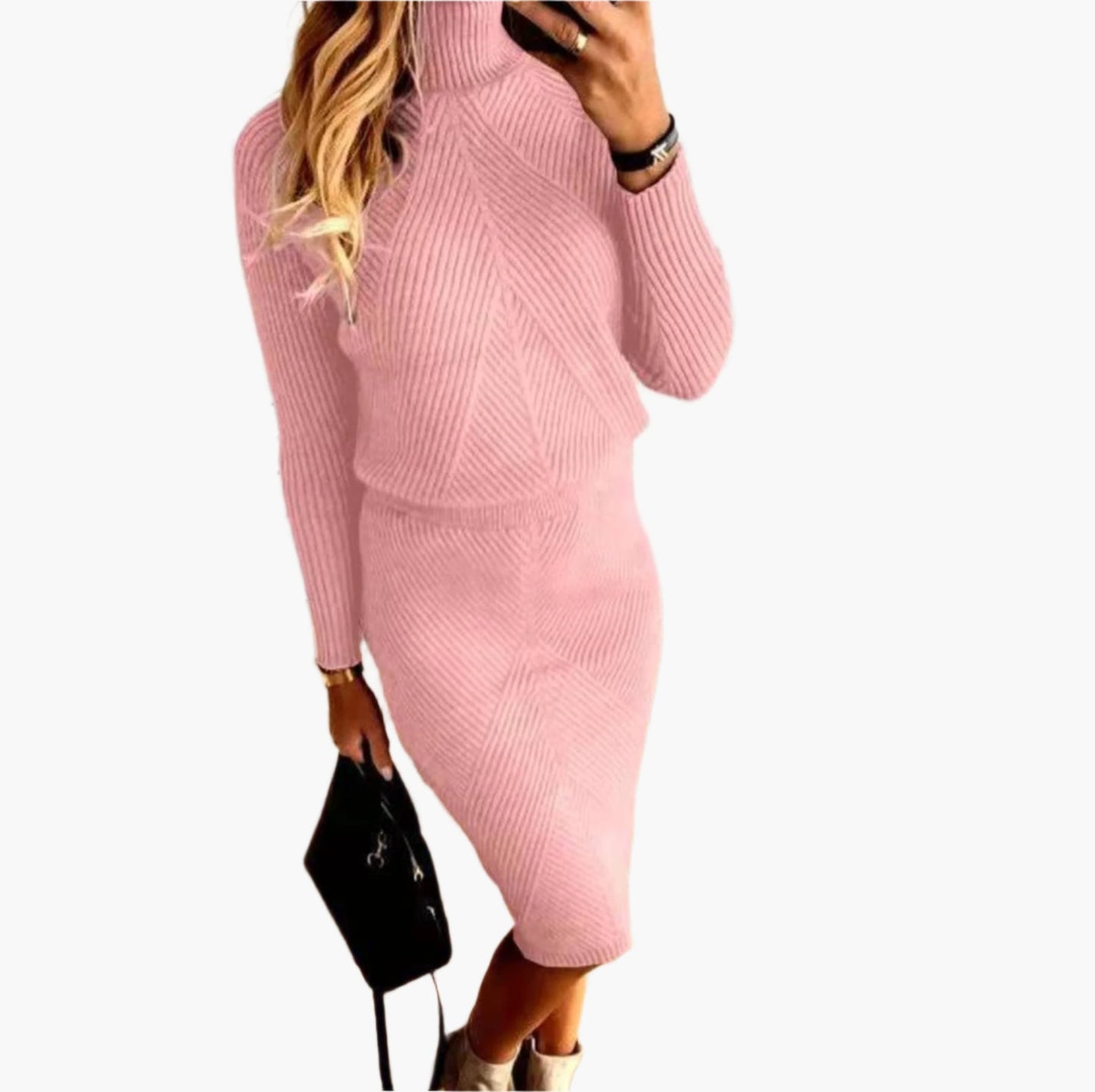 Women's Elegant Knit Sweater Two-Piece Set – Turtleneck Top and Slim Skirt – Stylish Fall Winter Outfit