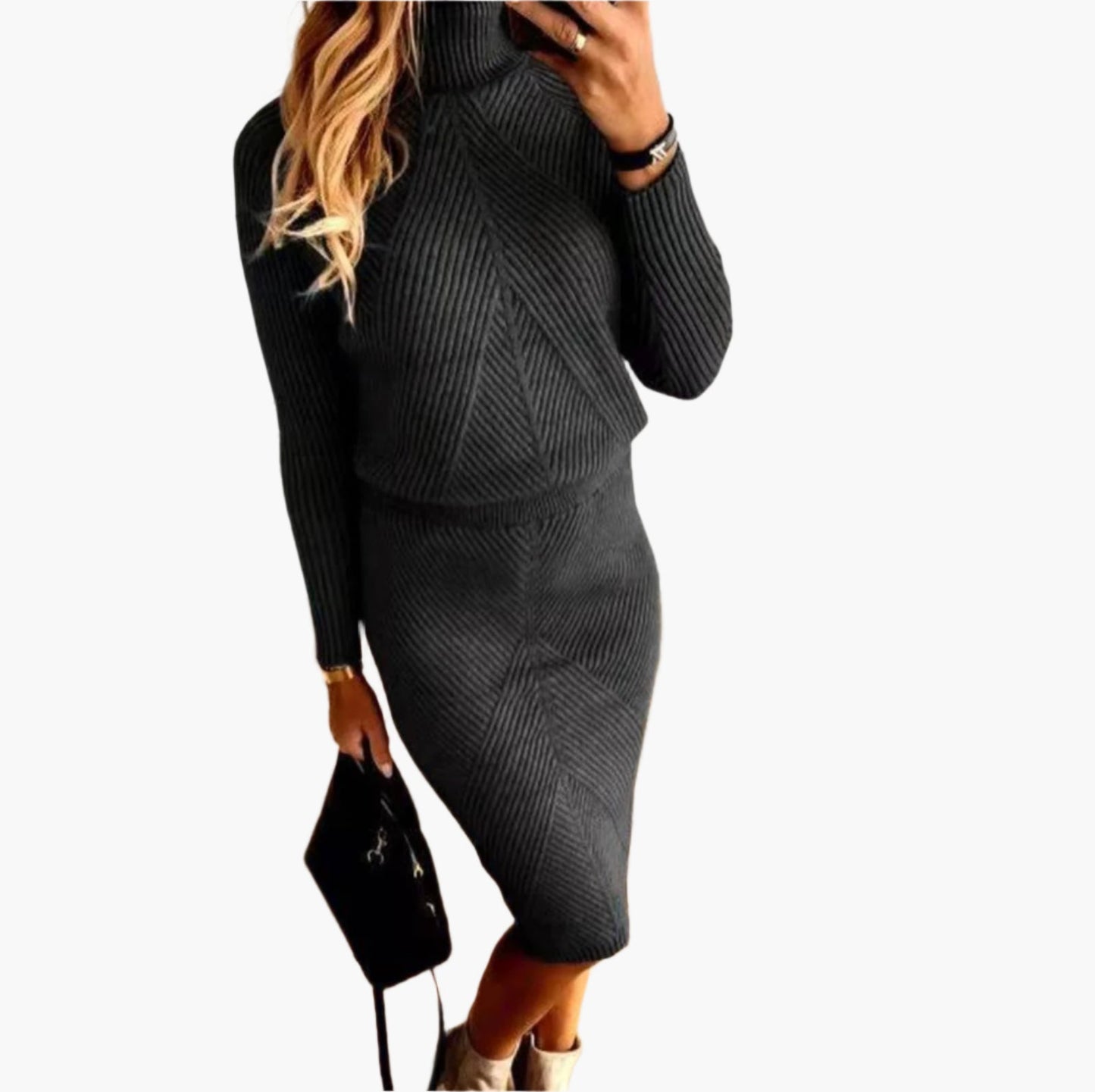 Women's Elegant Knit Sweater Two-Piece Set – Turtleneck Top and Slim Skirt – Stylish Fall Winter Outfit