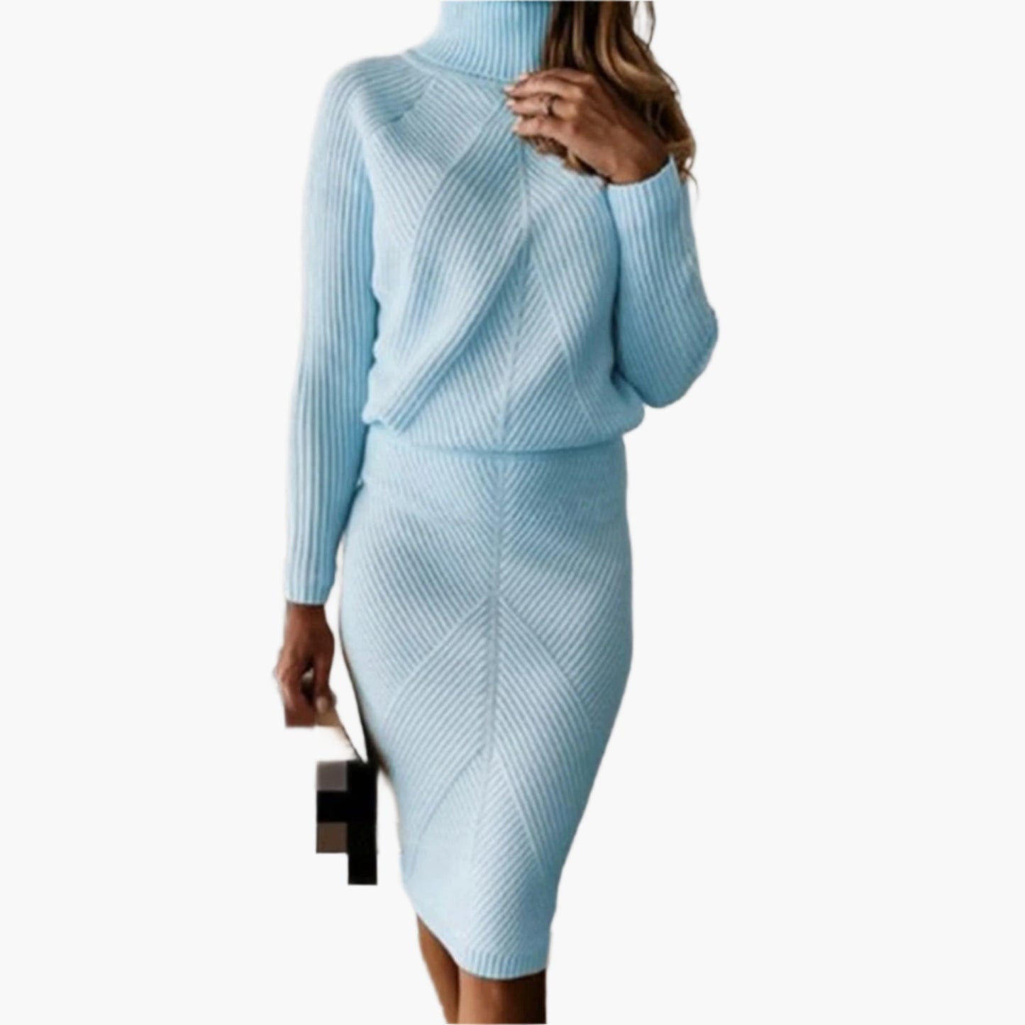 Women's Elegant Knit Sweater Two-Piece Set – Turtleneck Top and Slim Skirt – Stylish Fall Winter Outfit